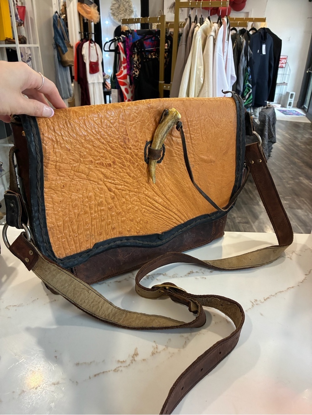 Handcrafted Brown & Tan Leather Messenger Bag with Antler Accent